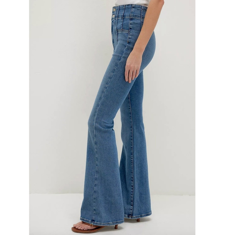We The Free Jayde‎ High Rise Flare Jeans Blue Corset Waist 30 Boho Bell Bottom